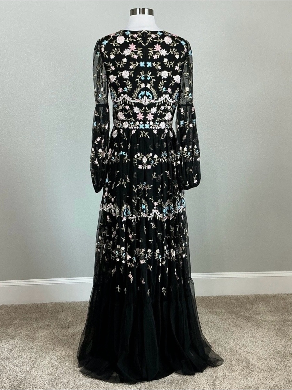 Mac Duggal 35111 Black Evening Gown Floral Embroidered Long Sleeve Dress Size 10 - Picture 7 of 9